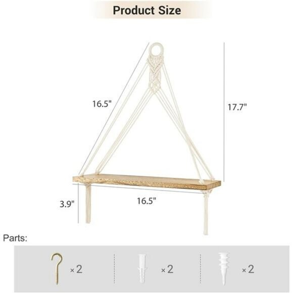 Mkono Macrame Hanging Shelves Set Boho Wood Wall Decor Floating Storage - Picture 3 of 7